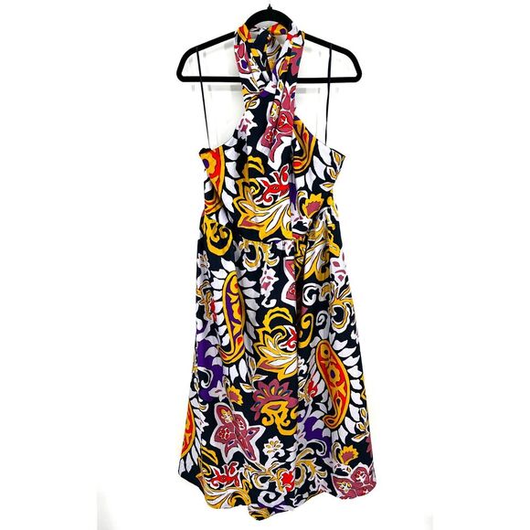 NWT J. CREW Blue Yellow Paisley 100% Silk Sarong Boho Summer Midi Dress Size 14 - Picture 1 of 10